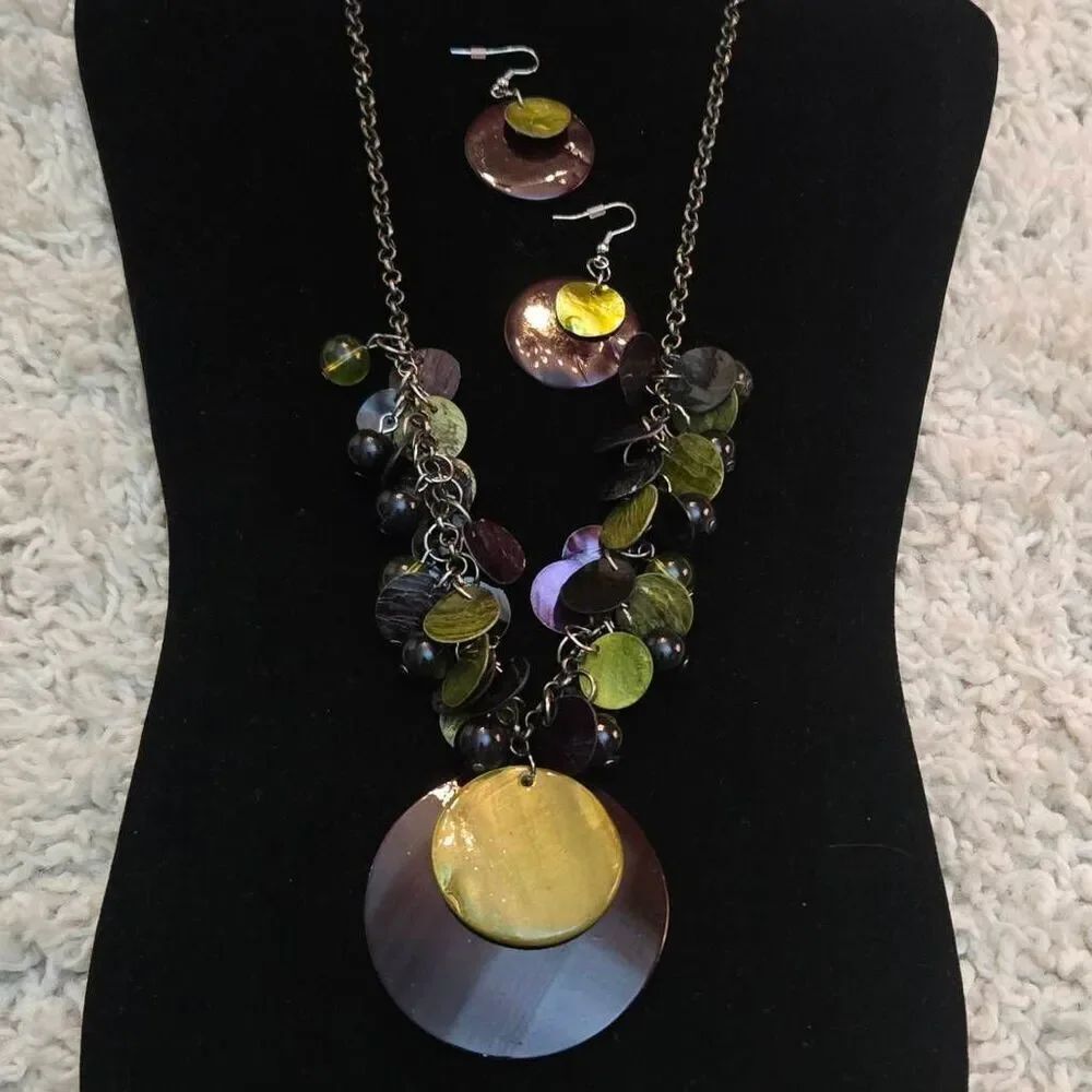 Purple & Green Shell & Bead Necklace & Earrings Set